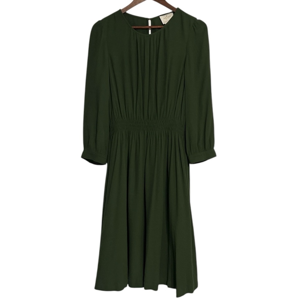 kate spade elegant Olive Green Long Sleeve Pleated Midi Dress, size 8